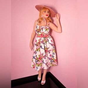 Vixen by Micheline Pitt Pink Floral Midi Dress with Rose Belt